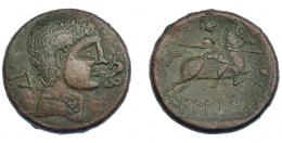 29   -  HISPANIA ANTIGUA. BILBILIS. As. A/ Cabeza masculina a der., delante delfín, detrás signo ibérico Bi. R/ Jinete lancero a der., debajo, sobre línea, BiLBiLI. AE 13,86 g. 27,1 mm. I-261. ACIP-1573 vte. MBC. Muy escasa.
