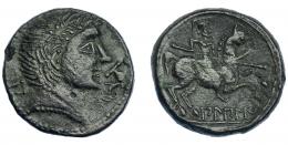 30   -  HISPANIA ANTIGUA. BILBILIS. As. A/ Cabeza masculina a der., delante delfín, detrás signo ibérico Bi. R/ Jinete lancero a der., debajo, sobre línea, BiLBiLI. AE 12,57 g. 25,9 mm. I-261. ACIP-1573 vte. Pátina oscura. Pequeñas faltas de metal. MBC+/MBC. Muy escasa.
