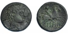31   -  HISPANIA ANTIGUA. BILBILIS. As. A/ Cabeza masculina a der., delante delfín, detrás signo ibérico Bi. R/ Jinete lancero a der., debajo, sobre línea, BiLBiLIS. AE 14,75 g. 27,4 mm. I-258. ACIP-1574. MBC-/BC+. Rara.