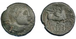 33   -  HISPANIA ANTIGUA. BILBILIS. As. A/ Cabeza masculina a der., delante delfín, detrás signo ibérico Bi. R/ Jinete lancero a der., debajo, sobre línea, BiLBiLIS. AE 11,88 g. 26,3 mm. I-258. ACIP-1577. BC+/MBC-. Escasa.