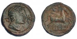 34 - HISPANIA ANTIGUA. BILBILIS. Semis. A/ Cabeza masculina a der., delante delfín, detrás signo ibérico S. R/ Caballo con rienda suelta a der., encima creciente con glóbulo, debajo sobre línea BiLBiLIS. AE 7,27 g. 21,4 mm. I-267. ACIP-1578. Pátina verde y marrón. MBC+/MBC. Muy escasa.