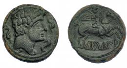 40   -  HISPANIA ANTIGUA. SALTUIE. Unidad. A/ Cabeza masculina a der., alrededor tres delfines. R/ Jinete con palma y clámide a der.; debajo sobre línea SALTuIE. AE 11,89 g. 26,8 mm. I-306. ACIP-1516. Campos de rev. repasados. Pátina oscura. MBC/MBC+.