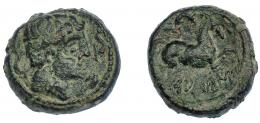 41 - HISPANIA ANTIGUA. SALTUIE. Mitad. A/ Cabeza masculina con cuello vestido y fíbula a der., alrededor tres delfines. R/ Caballo con rienda suelta a der., encima creciente, debajo SALTuIE. AE 5,32 g. 17,8 mm. I-308. ACIP-1517. Pátina oscura. MBC. Muy rara.