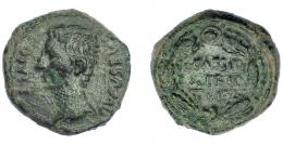 45 - HISPANIA ANTIGUA. CAESARAUGUSTA. Augusto. Cuadrante. A/ Cabeza a izq.; AVGVSTVS DIVI F. R/ Corona rodeando L CASSIO/C VALERIO/ II VIR. AE 3,34 g. 16 mm. I-338. APRH-312. ACIP-3036. Pátina verde. MBC. Muy rara.