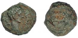 48 - HISPANIA ANTIGUA. CAESARAUGUSTA. Augusto. Cuadrante. A/ Cabeza a der.; IMP AVGVSTVS. R/ Corona rodeando M POR/CN FAD/ II VIR. AE 3,90 g. 16,8 mm. I-341. APRH-316. ACIP-3040. Pátina verde. MBC. Muy escasa.