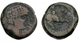 5 - HISPANIA ANTIGUA. AREKORATA. As. A/ Cabeza masculina a der., delante signos ibéricos So(S). R/ Jinete sobre línea a der., debajo, ley. ibérica curva AReIKoRATiKoS parcialmente visible. AE 28,5 g. 31,2 mm. I-84 vte. ACIP-1739. Ex HSA-12003. MBC-. Rara.
