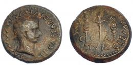 55 - HISPANIA ANTIGUA. CAESARAUGUSTA. Tiberio. Semis. A/ Cabeza laureada a der.; TI CAESAR DIVI AVG F AVGVSTVS. R/ Aquila entre dos signa; en campo C-A-C/II VIR/CLEME(NS ET LVCRE)TIVS. AE 4,41 g. 19,8 mm. I-375. APRH-354. ACIP-3081. Pátina marrón. MBC-/MBC. Rara.