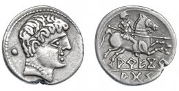 6 - HISPANIA ANTIGUA. AREKORATA. Denario. A/ Cabeza masculina a der., detrás glóbulo. R/ Jinete lancero a der., debajo AREKoR/ATaS separada por línea. AR 4,25 g. 18 mm. I-110. ACIP-1757. Rara. Cospel irregular. Rayitas en anv. MBC/MBC+. Rara.