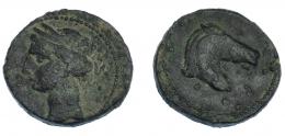 66 - HISPANIA ANTIGUA. EMISIONES HISPANO-CARTAGINESAS. Unidad. A/ Cabeza de Tanit a izq. R/ Cabeza de caballo a der. AE 9,61 g. 23,9 mm. I-510. ACIP-578. Pátina oscura rugosa. MBC.
