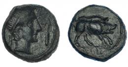 67 - HISPANIA ANTIGUA. CASTULO. Cuadrante. A/ Cabeza masculina con ínfulas a der., delante clava. R/ Jabalí a der., en exergo ley. ibérica KaSTiLO. AE 3,64 g. 14,8 mm. I-No. ACIP-2151 (mismo ejemplar ilustrado). Pátina verde. MBC. Muy rara.