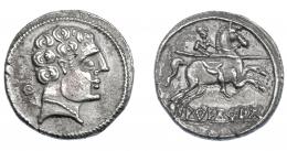 7   -  HISPANIA ANTIGUA. AREKORATA. Denario. A/ Cabeza masculina a der., detrás círculo con glóbulo dentro. R/ Jinete lancero a der., debajo AREKoRATa. AR 3,48 g. 18,3 mm. I-105. ACIP-1773. Leves erosiones. MBC+.