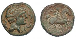 70 - HISPANIA ANTIGUA. KELSE. As. A/ Cabeza masculina con cuello vestido y fíbula a der., alrededor tres delfines. R/ Jinete con palma a der., debajo sobre línea KeLSE. AE 15,28 g. 29,2 mm. I-771. ACIP-1482. Pátina verde. MBC.