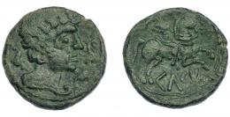 72 - HISPANIA ANTIGUA. KELSE. As. A/ Cabeza masculina con cuello vestido y fíbula a der., alrededor tres delfines. R/ Jinete con palma a der., debajo sobre línea KeLSE. AE 12,23 g. 28 mm. I-771. ACIP-1482. Pátina verde. MBC.