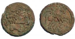 74 - HISPANIA ANTIGUA. KELSE. As. A/ Cabeza masculina con cuello vestido y fíbula a der., alrededor tres delfines. R/ Jinete con palma a der., debajo sobre línea KeLSE. AE 15,43 g. 29,8 mm. I-771. ACIP-1483. Pátina rojiza rugosa. MBC+.