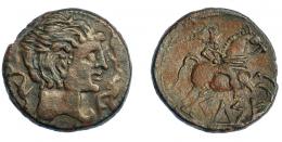 75 - HISPANIA ANTIGUA. KELSE. As. A/ Cabeza masculina con cuello vestido y fíbula a der., alrededor tres delfines. R/ Jinete con palma a der., debajo sobre línea KeLSE. AE 11,54 g. 27,6 mm. I-771. ACIP-1483. MBC/MBC+.