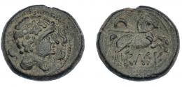 76 - HISPANIA ANTIGUA. KELSE. Semis. A/ Cabeza masculina con cuello vestido a der., alrededor tres delfines. R/ Caballo con rienda suelta a der., encima creciente, debajo KeLSE. AE 8,80 g. 23 mm. I-782. ACIP-1484. Pátina oscura. MBC+. Escasa.