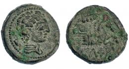 78 - HISPANIA ANTIGUA. KELSE. Cuadrante. A/ Cabeza masculina con cuello vestido a der. R/ Prótomo de Pegaso a der., encima 4 glóbulos, debajo KeLSE sobre línea. AE 4,82 g. 17,5 mm. I-791. ACIP-1487. MBC+/MBC. Rara.