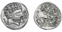 8   -  HISPANIA ANTIGUA. ARSAOS. Denario. A/ Cabeza masculina a der., delante delfín, detrás arado. R/ Jinete con hacha de guerra a der., debajo sobre línea, ARSAOS. AR 3,92 g. 16,9 mm. I-139. ACIP-1656. Manchitas. MBC+.