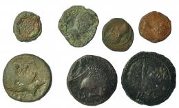 3001 - HISPANIA ANTIGUA. Lote de 7 piezas: 3 cuadrantes de Caesaraugusta, 1 as de Celsa y 3 ases de Bilbilis. BC/MBC-.