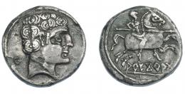 3004 - HISPANIA ANTIGUA. AREKORATA. Denario. A/ Cabeza masculina a der., detrás círculo con glóbulo dentro. R/ Jinete lancero a der. con los dos pies visibles, debajo AREKoRATa sobre línea. AR 3,62 g. 17,4 mm. I-no. ACIP-1774. Erosiones. MBC.