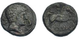 3006 - HISPANIA ANTIGUA. BILBILIS. As. A/ Cabeza masculina a der., delante delfín, detrás signo ibérico S. R/ Jinete lancero a der., debajo, sobre línea, BiLBiLIS. AE 13,85 g. 26,4 mm. I-254. ACIP-1567. Pátina oscura. MBC-/BC+. Escasa.