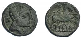 3009 - HISPANIA ANTIGUA. BILBILIS. As. A/ Cabeza masculina a der., delante delfín, detrás signo ibérico S. R/ Jinete lancero a der., debajo, sobre línea, BiLBiLIS. AE 13,40 g. 26,8 mm. I-254. ACIP-1567. Pátina oscura. MBC-. Escasa.