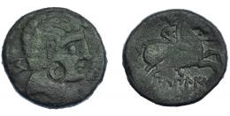 3011 - HISPANIA ANTIGUA. BILBILIS. As. A/ Cabeza masculina a der., delante delfín, detrás signo ibérico S. R/ Jinete lancero a der., debajo, sobre línea, BiLBiLIS. AE 14,66 g. 27,4 mm. I-254. ACIP-1568. Contramarca en anv. Pátina oscura. BC+. Rara.