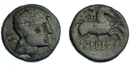3012 - HISPANIA ANTIGUA. BILBILIS. As. A/ Cabeza masculina a der., delante delfín, detrás signo ibérico S. R/ Jinete lancero a der., debajo, sobre línea, BiLBiLIS. AE 11,64 g. 26,6 mm. I-254. ACIP-1568. Rayitas. Pátina oscura. MBC-. Rara.