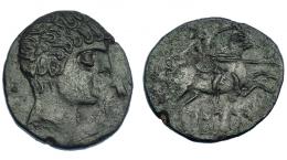 3013 - HISPANIA ANTIGUA. BILBILIS. As. A/ Cabeza masculina a der., delante delfín, detrás signo ibérico S. R/ Jinete lancero a der., debajo, sobre línea, BiLBiLIS. AE 8,46 g. 25,8 mm. I-254. ACIP-1569. MBC+/BC+. Muy escasa.
