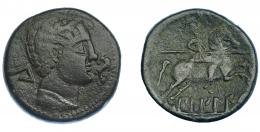 3015 - HISPANIA ANTIGUA. BILBILIS. As. A/ Cabeza masculina a der., delante delfín, detrás signo ibérico Bi. R/ Jinete lancero a der., debajo, sobre línea, BiLBiLIS. AE 15,13 g. 28,4 mm. I-258. ACIP-1573. Pátina oscura. MBC-. Muy escasa.