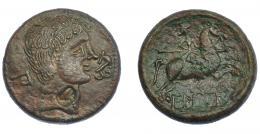 3016 - HISPANIA ANTIGUA. BILBILIS. As. A/ Cabeza masculina a der., delante delfín, detrás signo ibérico Bi. R/ Jinete lancero a der., debajo, sobre línea, BiLBiLIS. AE 16,19 g. 28,6 mm. I-258. ACIP-1573. Contramarca. concreciones en rev. MBC+/MBC-. Muy escasa.