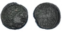 3019 - HISPANIA ANTIGUA. BILBILIS. Semis. A/ Cabeza masculina a der., delante delfín, detrás signo ibérico S. R/ Caballo con rienda suelta a der., encima creciente con glóbulo, debajo sobre línea BiLBiLIS. AE 7,14 g. 19,8 mm. I-267. ACIP-1578. Pátina oscura. MBC/MBC-. Muy escasa.