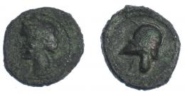 3025 - HISPANIA ANTIGUA. EMISIONES HISPANO-CARTAGINESAS. Quinto. A/ Cabeza de Tanit a izq. R/ Casco a izq. AE 1,53 g. 12,2 mm. I-521. ACIP-582. Golpe en rev. Pátina oscura. BC+/MBC-.
