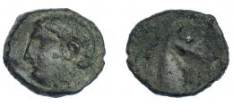 3027 - HISPANIA ANTIGUA. EMISIONES HISPANO-CARTAGINESAS. Quinto. A/ Cabeza masculina a izq. R/ Cabeza de caballo a der. AE 2,06 g. 14,5 mm. I-554. ACIP-610. Pátina oscura. MBC-/BC+.