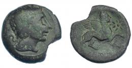 3029 - HISPANIA ANTIGUA. CASTULO. Duplo. A/ Cabeza masculina diademada a der. R/ Esfinge avanzando a der., delante estrella, debajo KaSTiLO retrógrada. AE 11,97 g. 28 mm. I-694. ACIP-2105. Cospel irregular. Pátina verde. BC+. Muy escasa.
