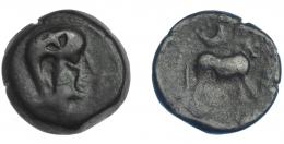 3031 - HISPANIA ANTIGUA. CASTULO. Semis. A/ Cabeza masculina diademada a der. R/ Toro parado a der., encima creciente, en exergo (KaSTiLO), no visible. AE 10,04 g. 23,3 mm. I-712? ACIP-2115. Contramarca en anv. Pátina oscura. BC+/BC. Muy escasa.