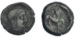 3034 - HISPANIA ANTIGUA. CASTULO. As. A/ Cabeza masculina diademada a der., delante delfín. R/ Esfinge avanzando a der., delante estrella, en exergo KaSTiLO poco visible. AE 14,80 g. 28,4 mm. I-699. ACIP-2133. MBC-/BC+. Rara.