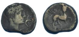 3036 - HISPANIA ANTIGUA. CASTULO. As. A/ Cabeza masculina diademada a der., delante creciente con estrella. R/ Esfinge a der., delante estrella, en exergo (KaSTiLO) no visible. AE 10,82 g. 26 mm. I-705. ACIP-2140. Pequeñas marcas. Cospel irregular. BC+. Rara.