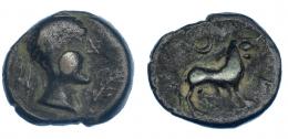 3041 - HISPANIA ANTIGUA. CASTULO. Semis. A/ Cabeza masculina diademada a der., delante palma curva en el sentido contrario a la gráfila. R/ Toro a der., encima creciente, delante signo Ka, en exergo ley. fuera del flan. AE 3,93 g. 17,3 mm. I-720. ACIP-2149. Pátina oscura. MBC-. Rara.