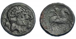 3044 - HISPANIA ANTIGUA. KELSE. As. A/ Cabeza masculina con cuello vestido y fíbula a der., alrededor tres delfines. R/ Jinete con palma a der., debajo sobre línea KeLSE. AE 17,77 g. 30,2 mm. I-771. ACIP-1482. Pátina oscura. MBC-.