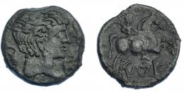 3046 - HISPANIA ANTIGUA. KELSE. As. A/ Cabeza masculina con cuello vestido y fíbula a der., alrededor tres delfines. R/ Jinete con palma a der., debajo sobre línea KeLSE. AE 11,48 g. 27,8 mm. I-771. ACIP-1483. Pátina oscura. MBc.