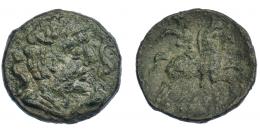 3047 - HISPANIA ANTIGUA. KELSE. As. A/ Cabeza masculina a der., alrededor tres delfines. R/ Jinete con palma a der., debajo KeLSE. AE 10,39 g. 28,4 mm. I-no. ACIP-1489. Pátina verde. MBC-/BC+.Escasa.