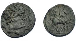 3048 - HISPANIA ANTIGUA. KELSE. As. A/ Cabeza masculina a der., alrededor tres delfines. R/ Jinete con palma a der., debajo KeLSE. AE 8,10 g. 26,5 mm. I-no. ACIP-1489. Pátina oscura. MBC/MBC-. Escasa.