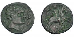 3049 - HISPANIA ANTIGUA. KELSE. As. A/ Cabeza masculina a der., alrededor tres delfines. R/ Jinete con palma a der., debajo KeLSE. AE 10,13 g. 27,4 mm. I-no. ACIP-1489. Pátina verde. MBC/MBC-. Escasa.