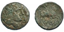 3052 - HISPANIA ANTIGUA. KELSE. As. A/ Cabeza masculina a der., delante dos delfines, detrás CEL. R/ Jinete con palma a der., debajo KeLSE. AE 17,37 g. 30,6 mm. I-774. ACIP-1490. Pátina verde con pequeñas erosiones. MBC-/BC+.