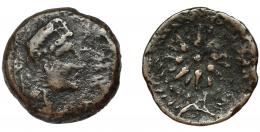3056 - HISPANIA ANTIGUA. MALAKA. Unidad. A/ Cabeza de Vulcano con bonete a der., detrás mlk' y tenazas. R/ Estrella de dieciséis puntas con glóbulo central. AE 5,5 g. 20,9 mm. I-1734. ACIP-803. BC-/BC+. Muy rara.