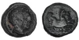 3059 - HISPANIA ANTIGUA. ILTIRKESKEN. Cuadrante. A/ Cabeza masculina con collar a der., detrás 3 glóbulos. R/ Medio Pegaso a der., debajo ley. ibérica ILTiRKeSKeN. AE 4,55 g. 18,2 mm. I-1451. ACIP-1387. Pátina oscura con erosiones. BC+. Muy rara.