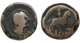 3063 - HISPANIA ANTIGUA. OLONTIGI. Unidad. A/ Cabeza masculina a der. R/ Jinete a der., debajo LONT. AE 16,3 g. 26,8 mm. I-1877. ACIP-858. BC+. Rarísima.
