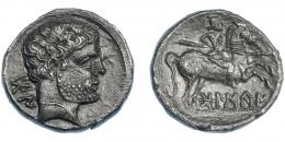 3079   -  HISPANIA ANTIGUA. BOLSKAN. Denario. A/ Cabeza masculina barbada y con collar a der., detrás signos ibéricos BoN. R/ Jinete lancero a der., debajo sobre línea BoLSKaN. AR 3,73 g. 16,7 mm. I-1912. ACIP-1423. Campos repasados en rev. EBC-/MBC+.