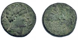 96 - HISPANIA ANTIGUA. KONTERBIA KARBIKA. As. A/ Cabeza masculina a der., delante delfín, detrás KaRBiKa. R/ Jinete lancero a der., en exergo KoNTeBaKoM. AE 9,50 g. 23,5 mm. I-846. ACIP-1830. Pátina verde oscuro. MBC-. Escasa.